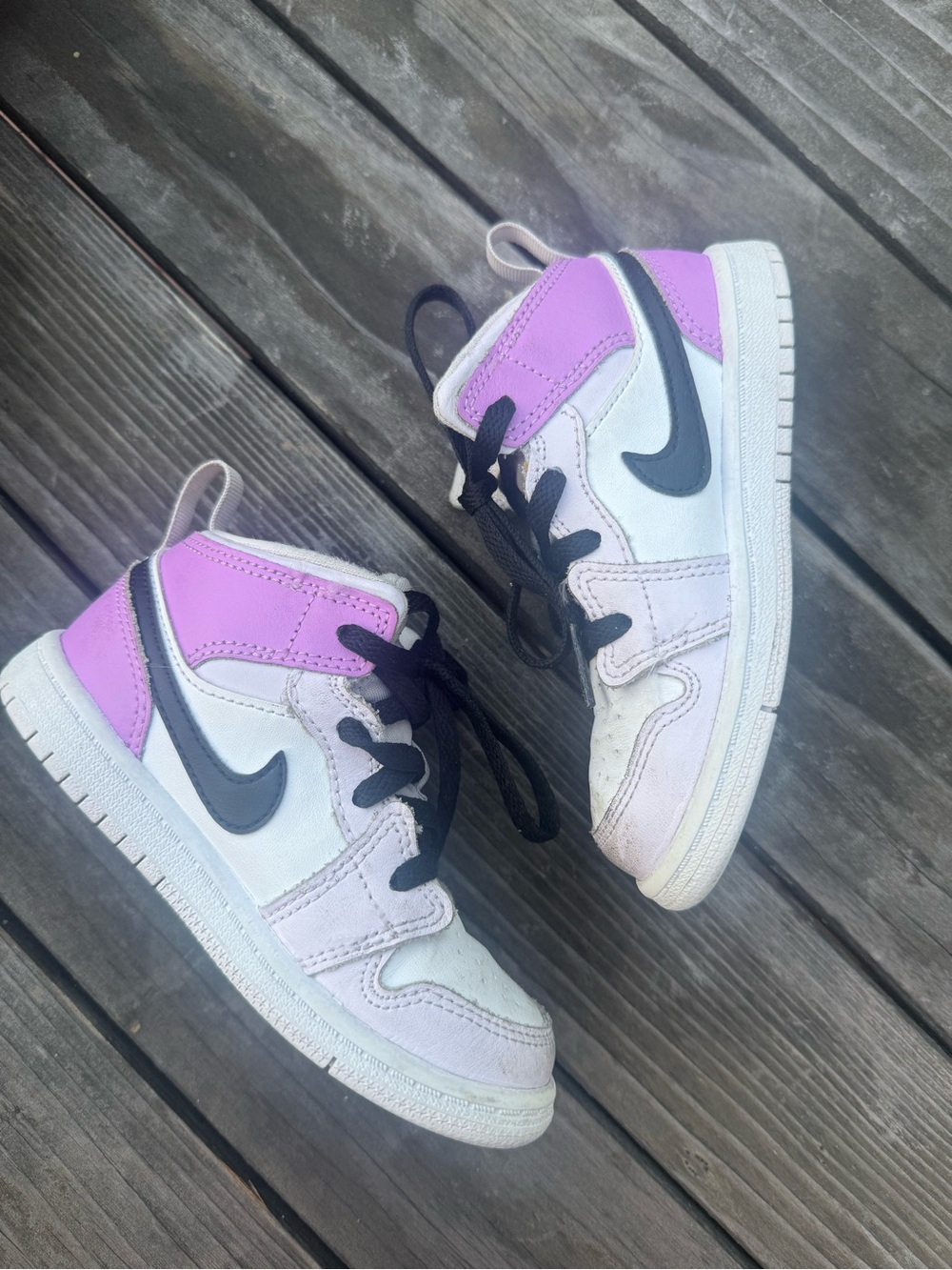 Nike Kids Jordon 1 Mid High-Top Sneakers in White, Lavender and Black - Picture 1 of 13